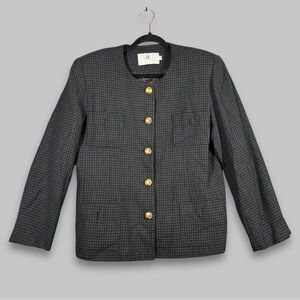 Vintage Devonshire Cream Gold Buttons Wool Houndstooth Boxy Blazer Size 14